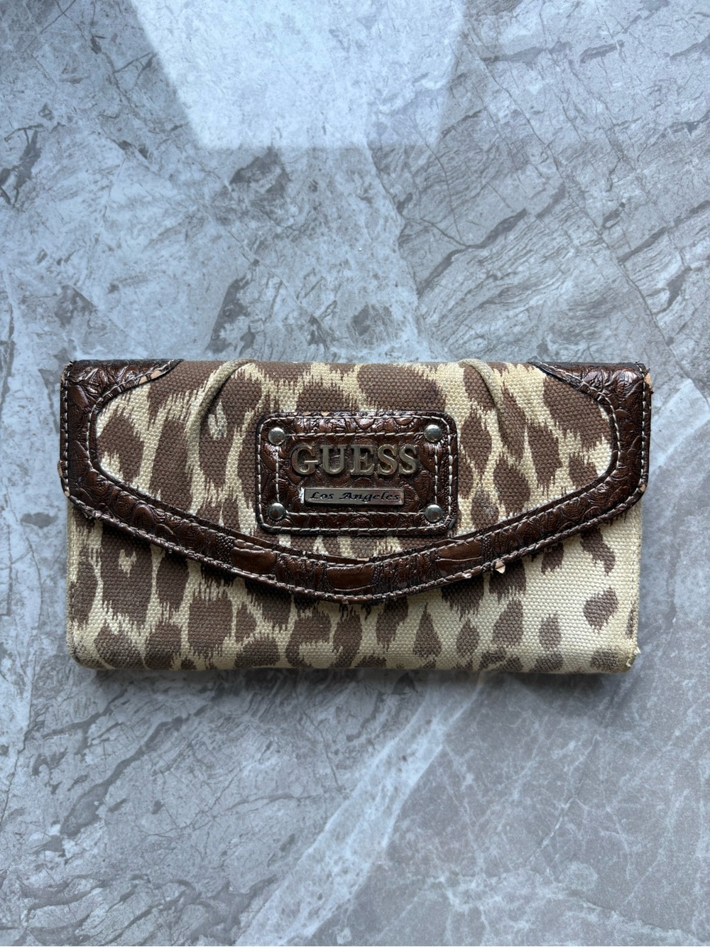 GUESS leopard print canvas wallet in brown and cream